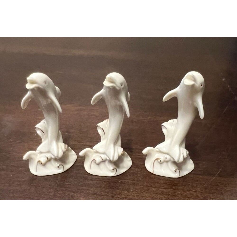 Lenox  Dolphin 4" Figurines Porcelain 24k Gold Accents Jumping Wave Lot of 3